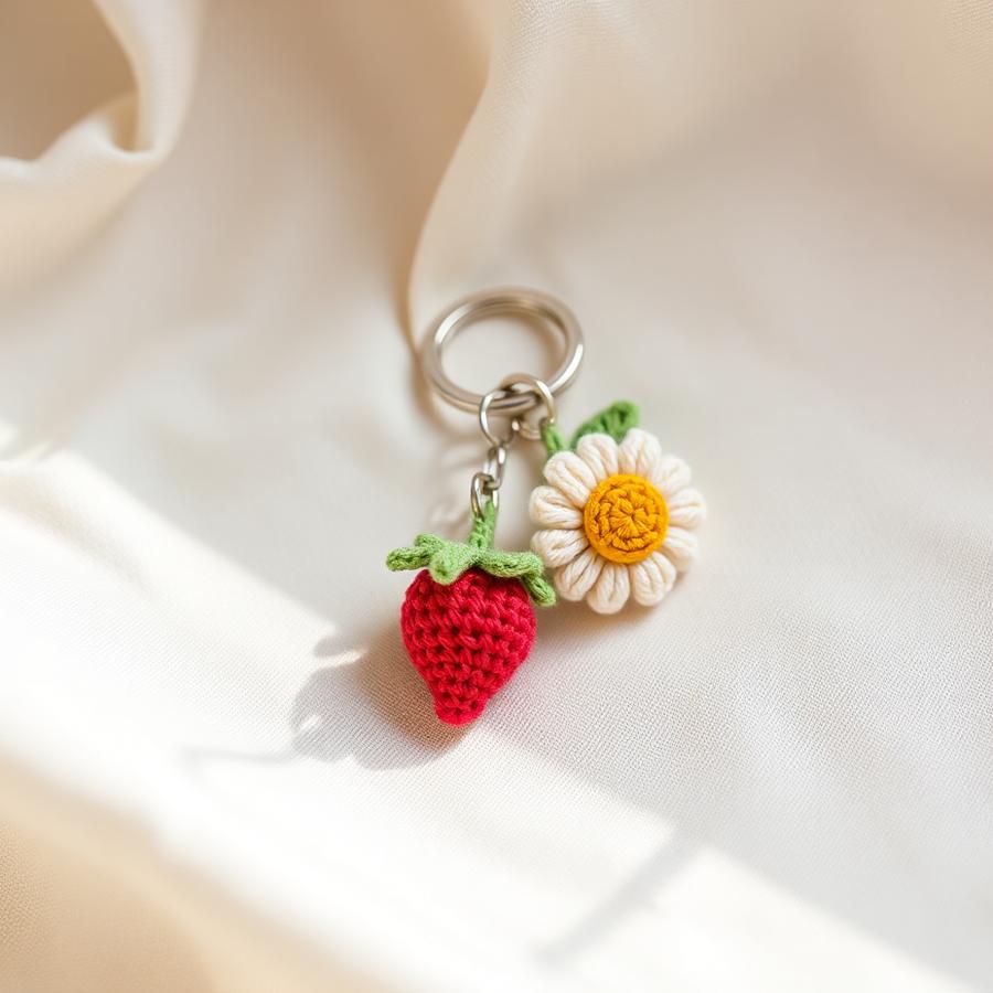 Crochet strawberry and daisy keychain charms