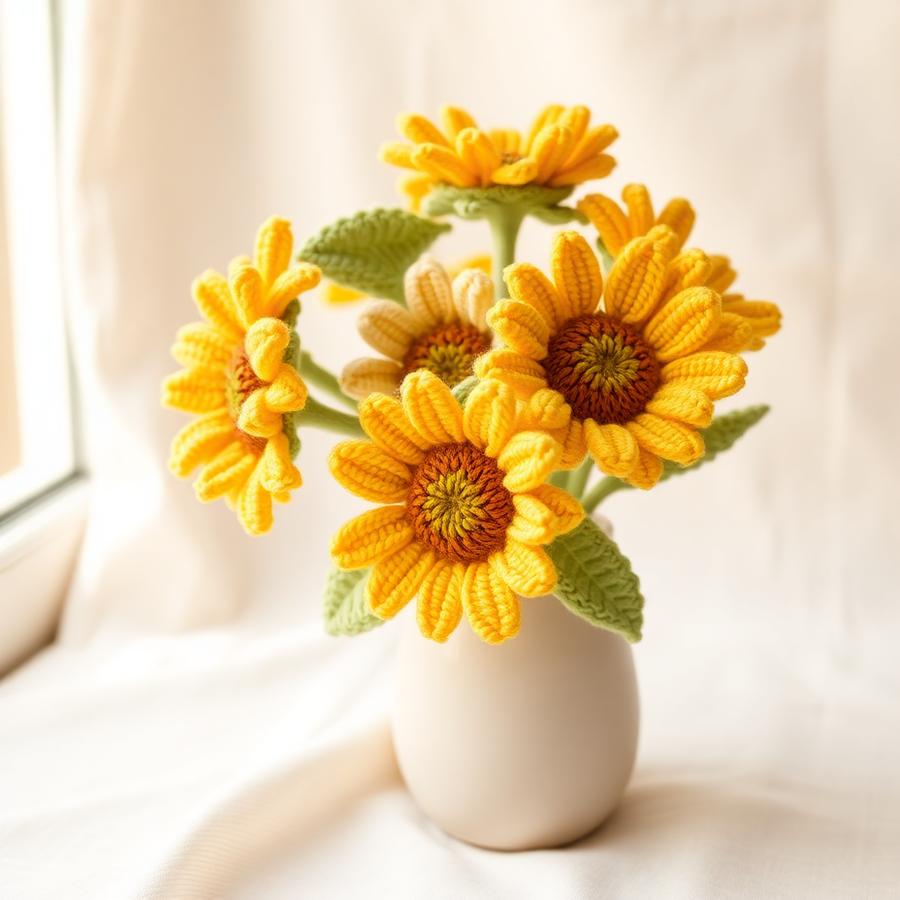 Crochet sunflower posy in a small ceramic vase