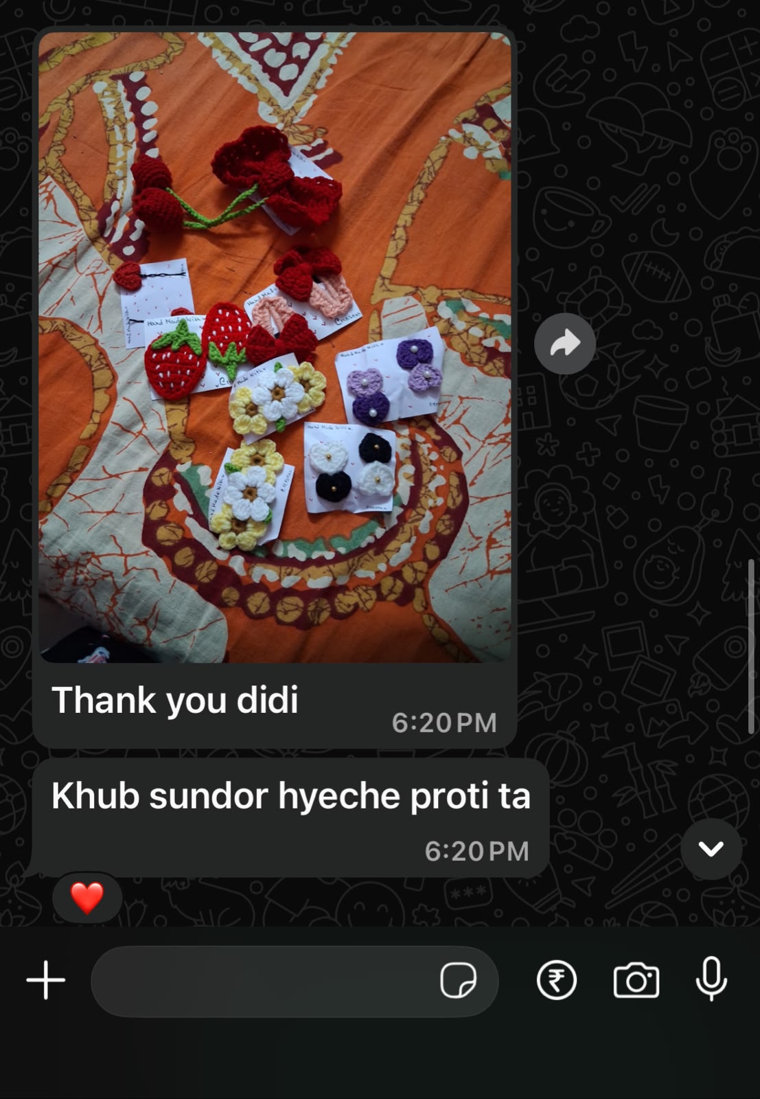 Screenshot of a customer's WhatsApp message thanking Crosean for their order