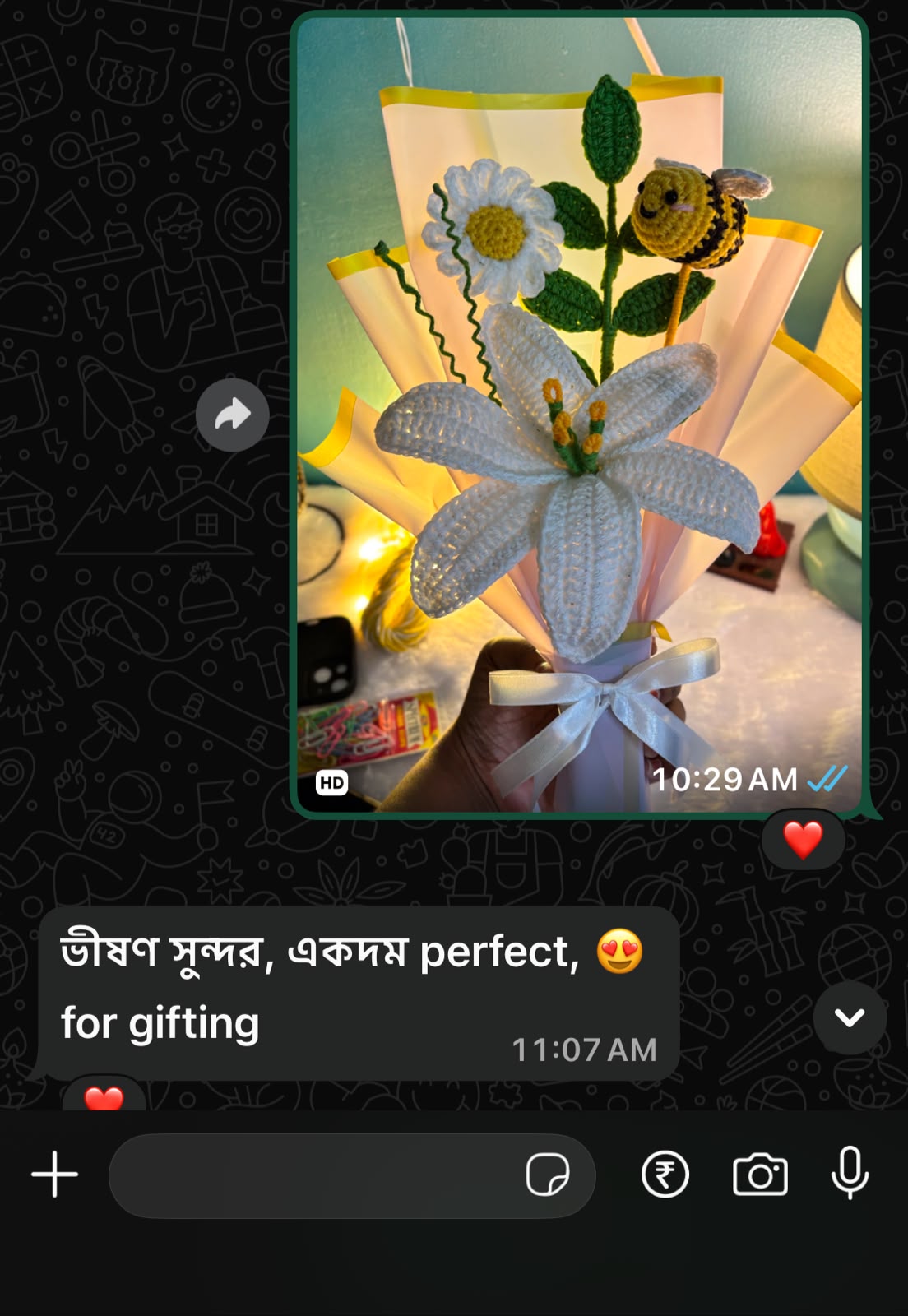Screenshot of a customer's WhatsApp message thanking Crosean for their order